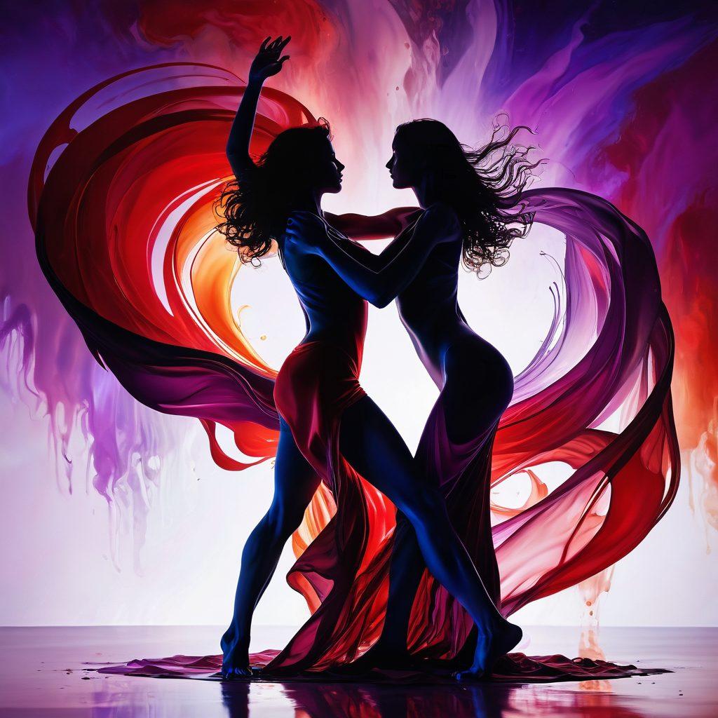 An abstract interpretation of desire, featuring colorful, swirling fluid shapes that symbolize bodily fluids, intertwined with human silhouettes expressing longing and passion. The background should be a gradient of deep reds and purples, accentuating the emotional depth. Include light reflections to add a sense of movement and energy. vibrant colors. abstract art.
